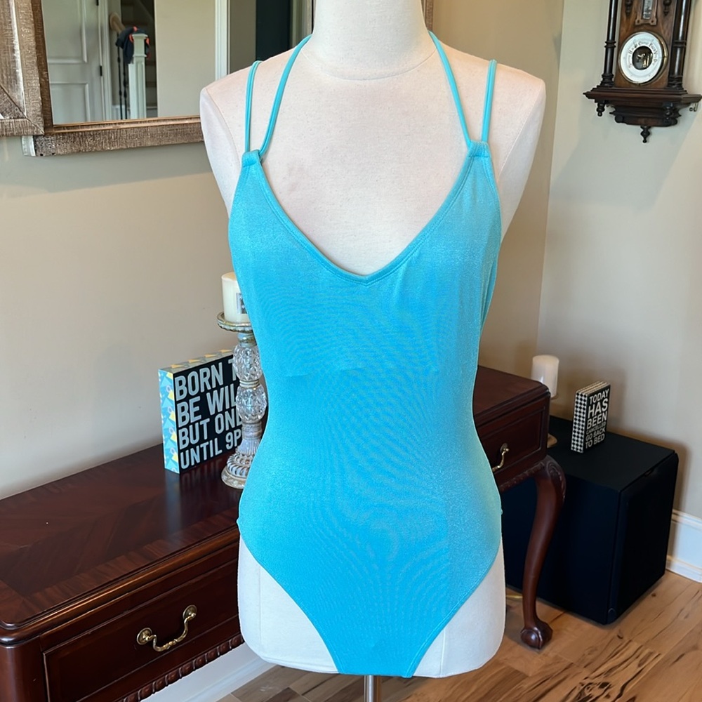 Sky Blue One Piece Criss Cross Back Swimsuit